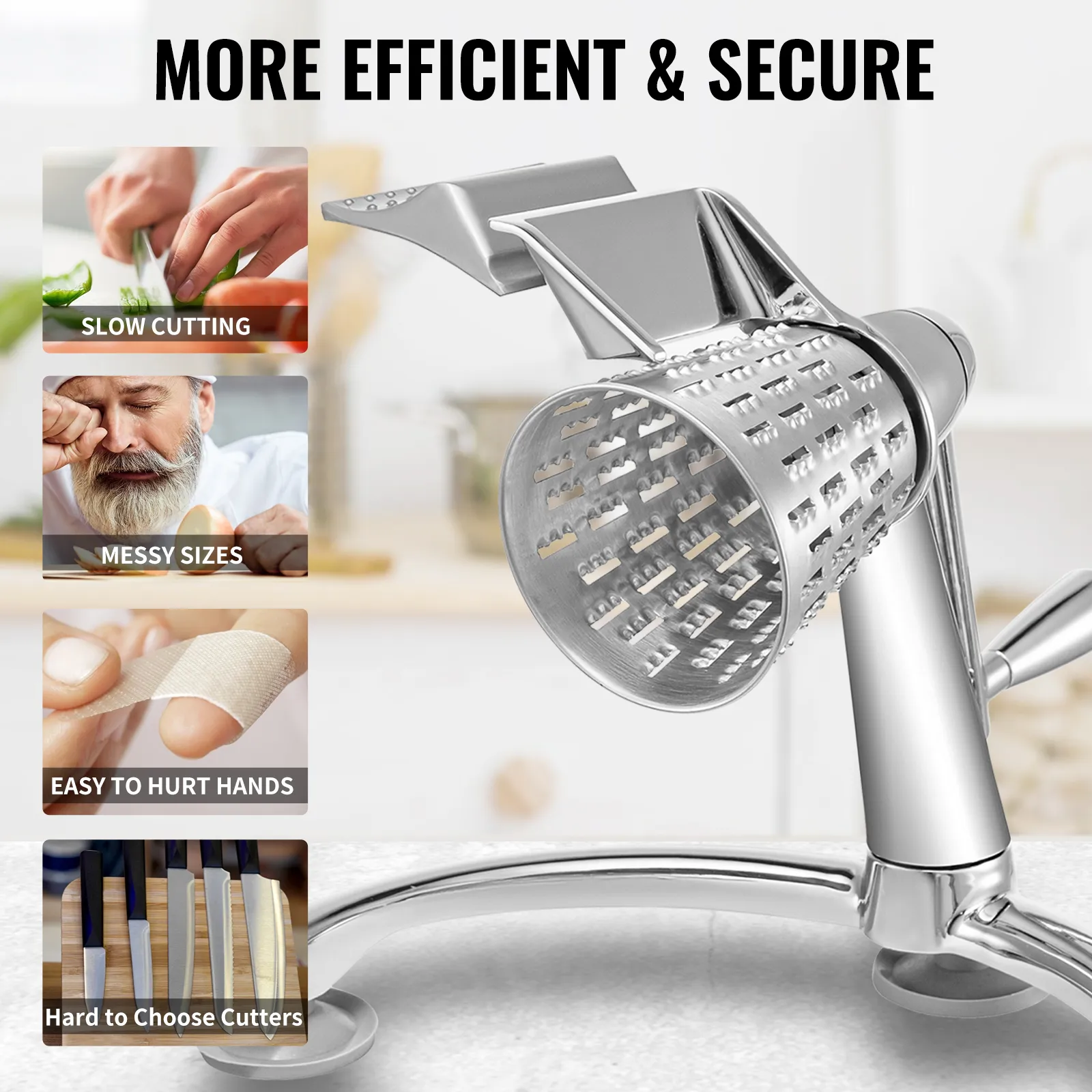 VEVOR rotary cheese grater with safety features against slow cutting, messy sizes, and injuries.