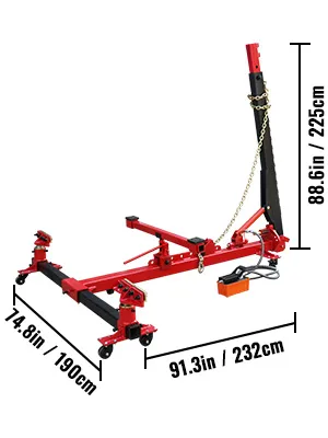 red VEVOR car frame puller set with measurements in inches and cm