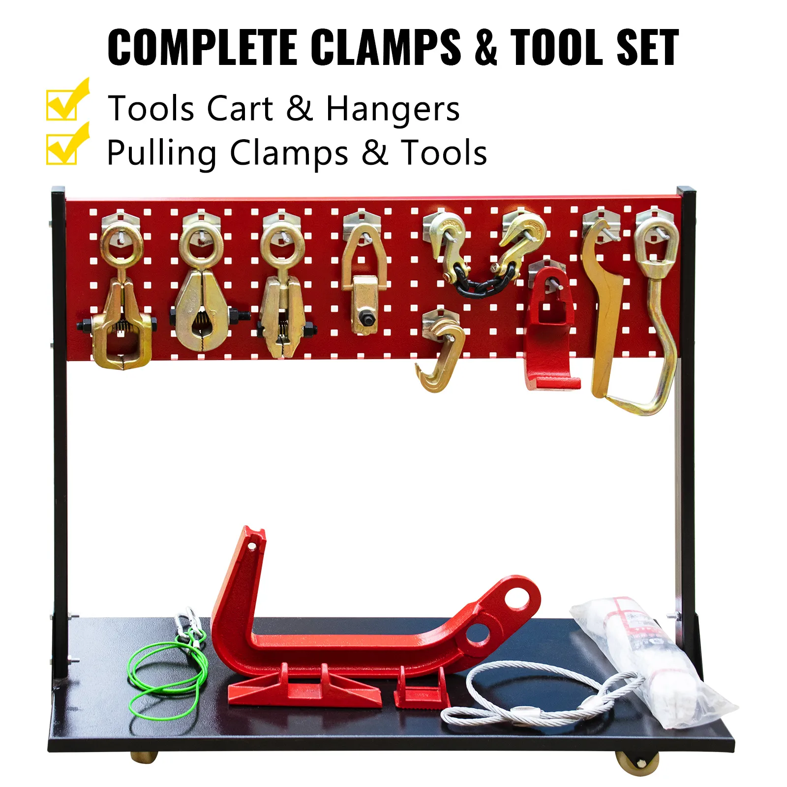 VEVOR car frame puller set with clamps and tools on a red tool stand.