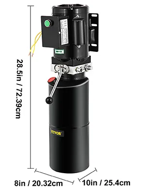 Agregat hydrauliczny podnośnika samochodowego VEVOR z etykietą wymiarową.