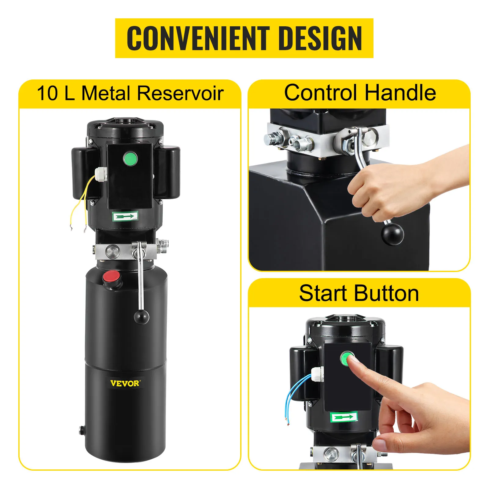 Podnośnik samochodowy hydrauliczny VEVOR z 10-litrowym zbiornikiem metalowym, uchwytem sterującym, przyciskiem start.