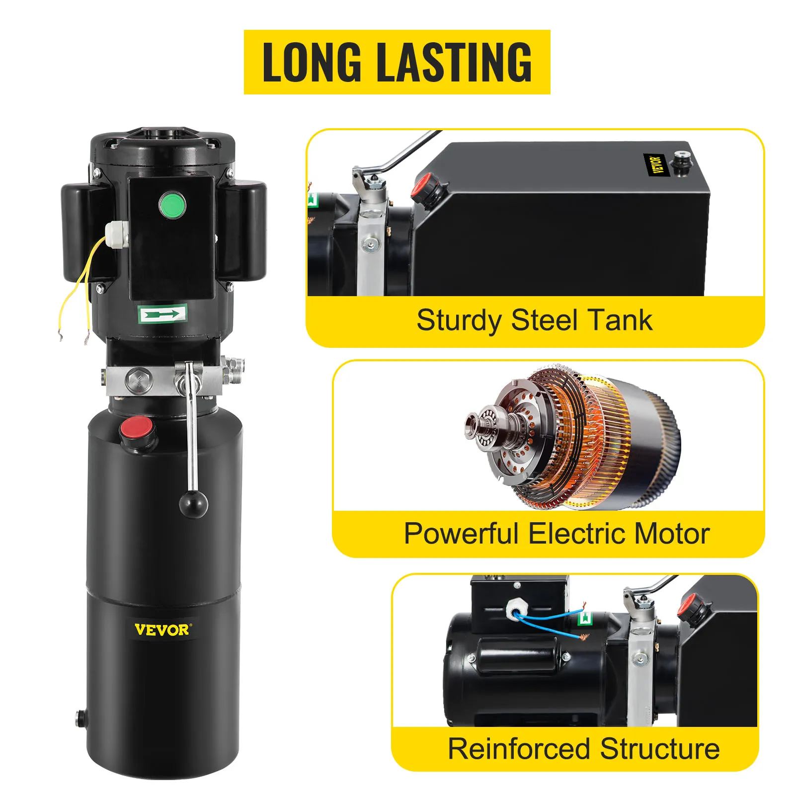 Podnośnik samochodowy hydrauliczny VEVOR z wytrzymałym stalowym zbiornikiem i mocnym silnikiem elektrycznym.