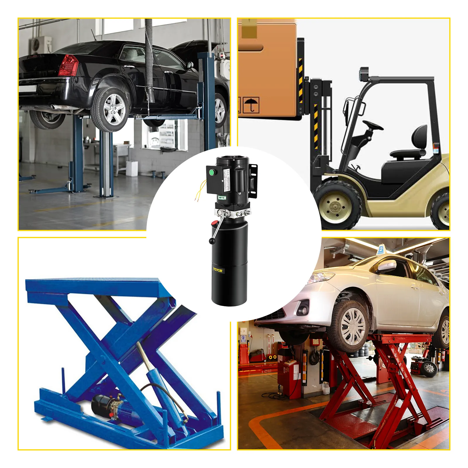 Hydrauliczny podnośnik samochodowy VEVOR prezentowany wśród pojazdów i sprzętu podnoszącego.
