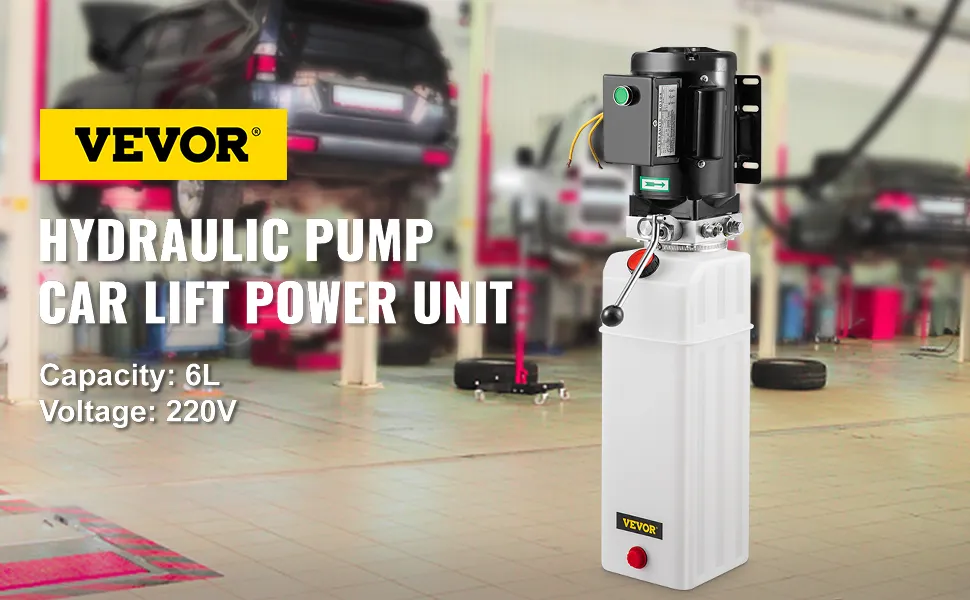 VEVOR hydraulic pump car lift with 220v power and 6l capacity in a garage setting.