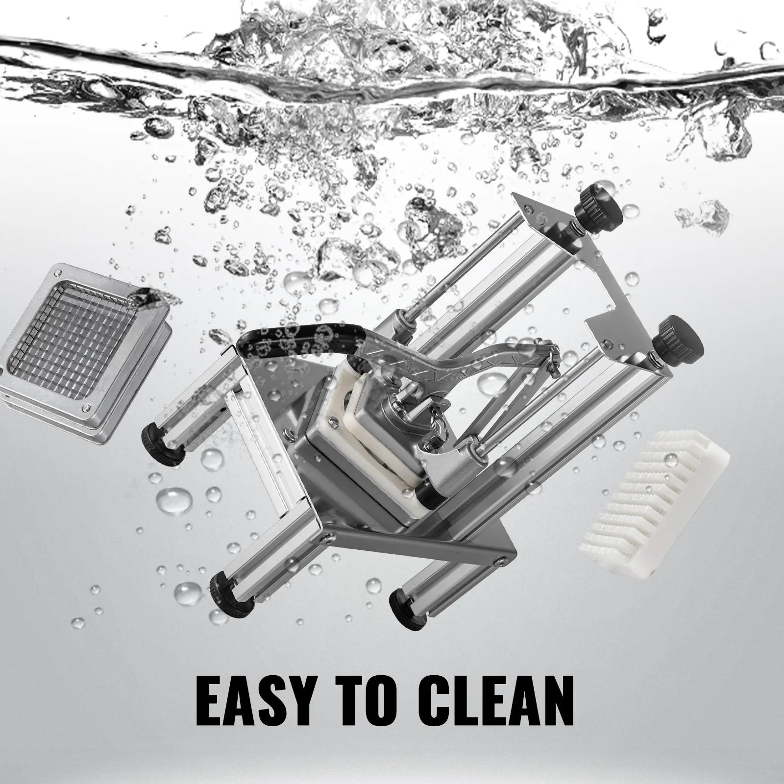 VEVOR french fry cutter under water stream, easy to clean.