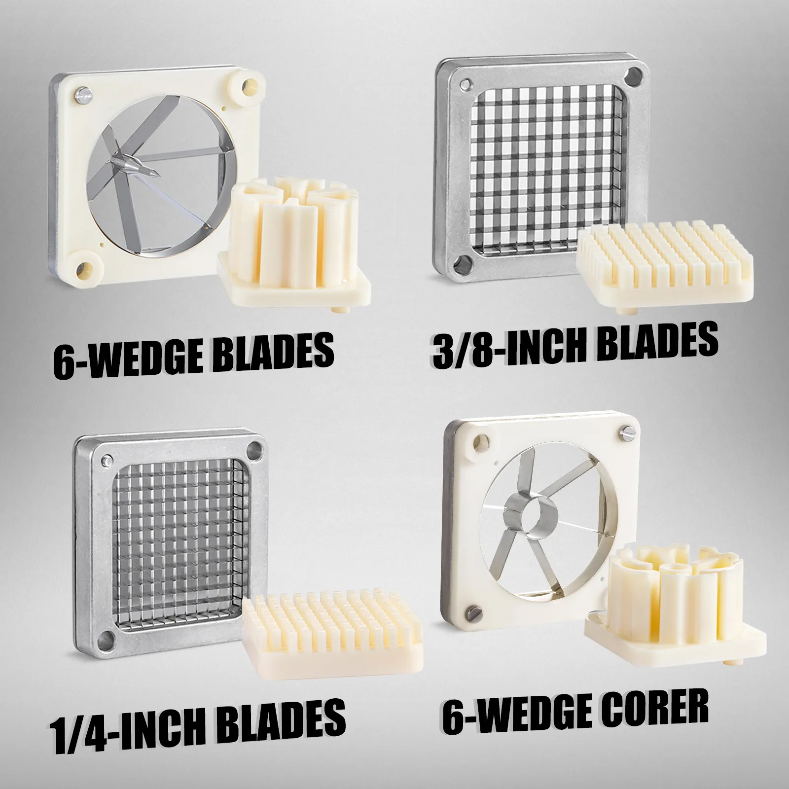 VEVOR french fry cutter with 6-wedge, 3/8-inch, 1/4-inch blades, and 6-wedge corer.