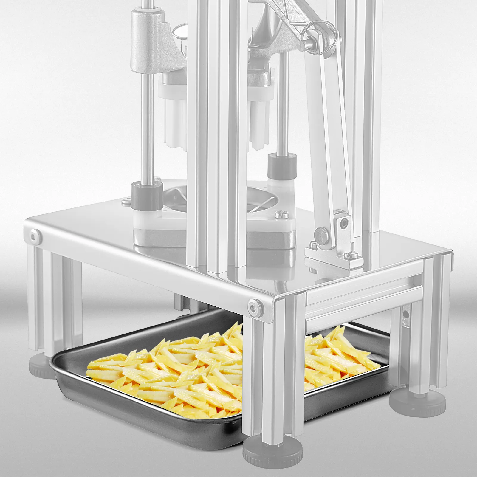VEVOR french fry cutter slicing potatoes into uniform fries in a black tray.
