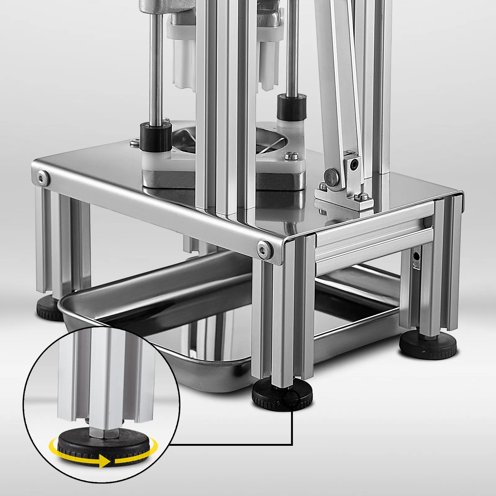 VEVOR french fry cutter with non-slip adjustable rubber feet and stainless steel construction.