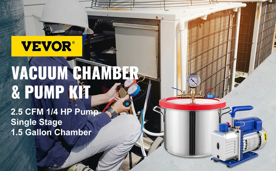 VEVOR vacuum chamber kit with pump and 1.5-gallon chamber next to hvac technician.