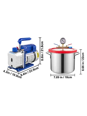 VEVOR vacuum chamber kit with included pump and dimensions highlighted.