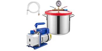 VEVOR vacuum chamber kit with stainless steel pot, blue pump, and hose included