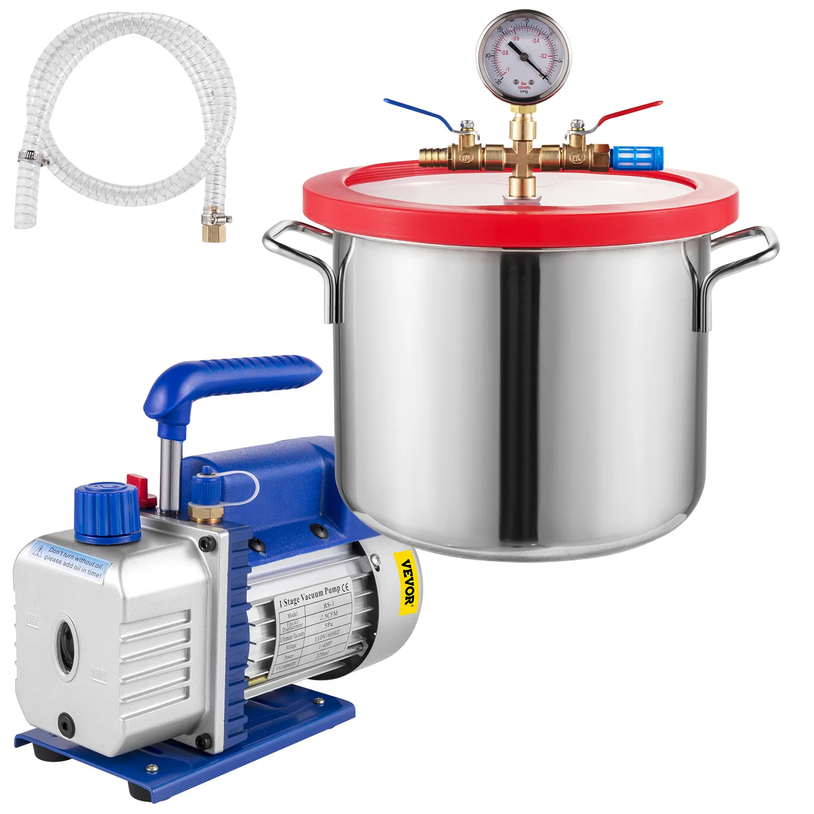VEVOR vacuum chamber kit with stainless steel chamber, vacuum pump, and hose.