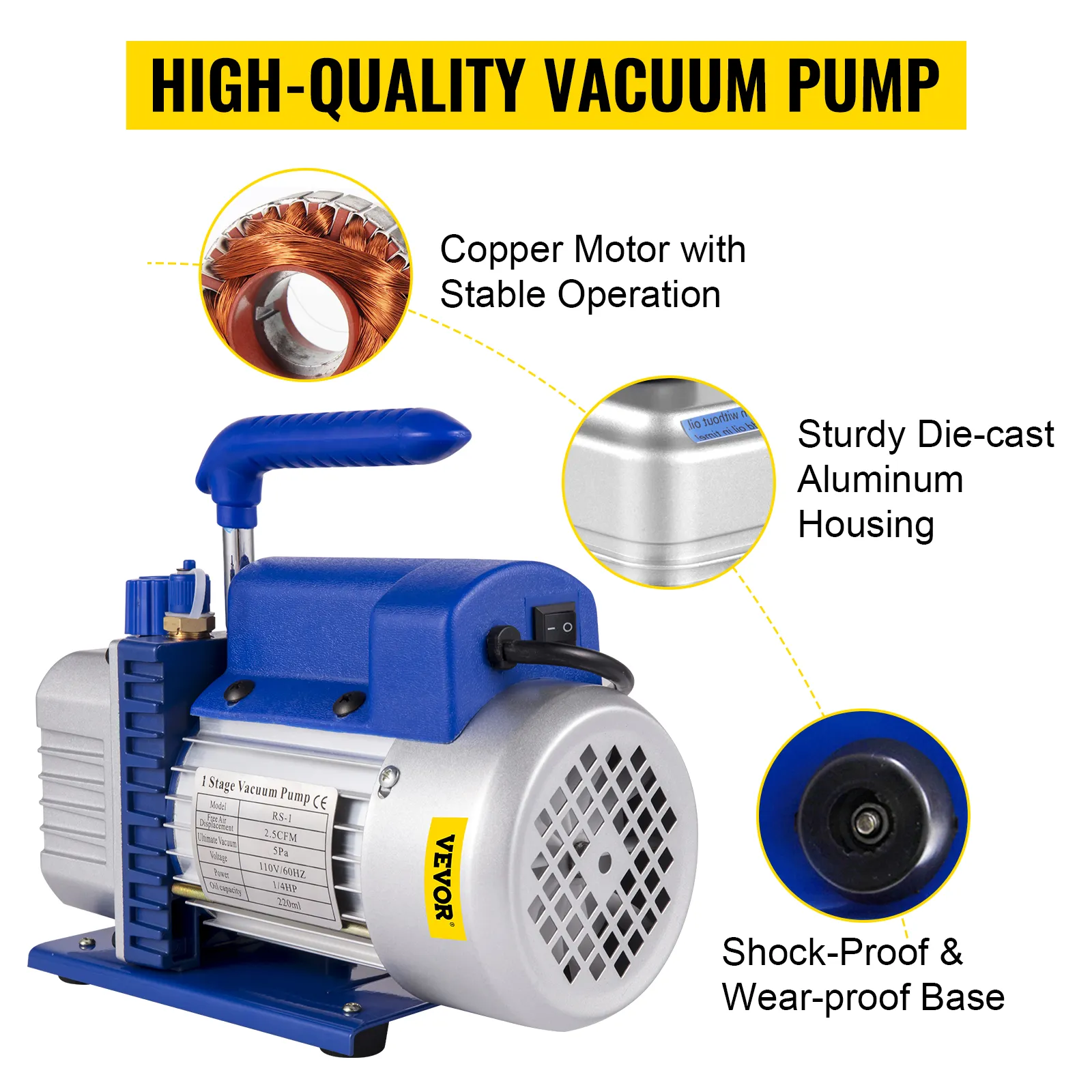 VEVOR vacuum chamber kit with copper motor, die-cast aluminum housing, and shock-proof base.
