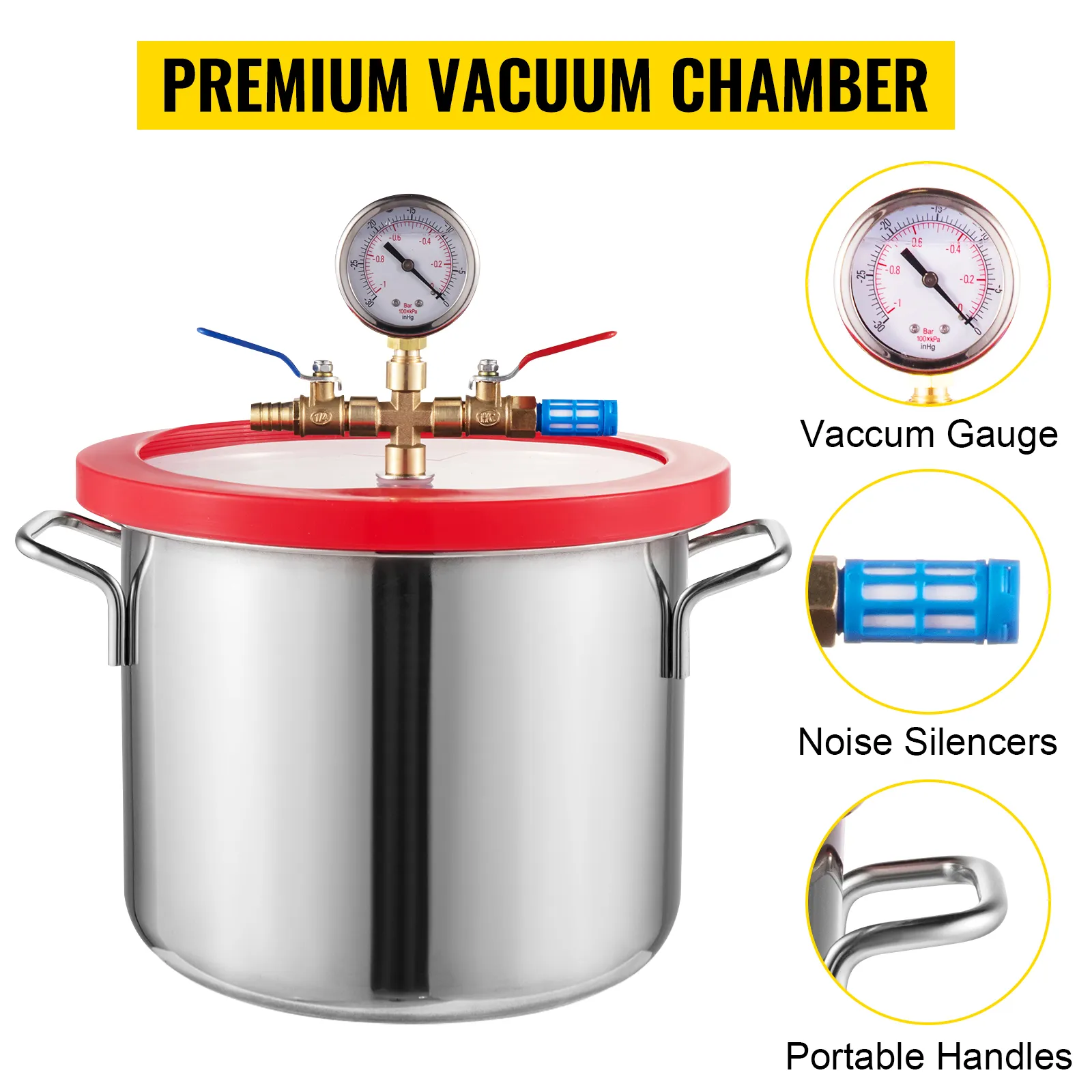 VEVOR vacuum chamber kit with vacuum gauge, noise silencers, and portable handles.