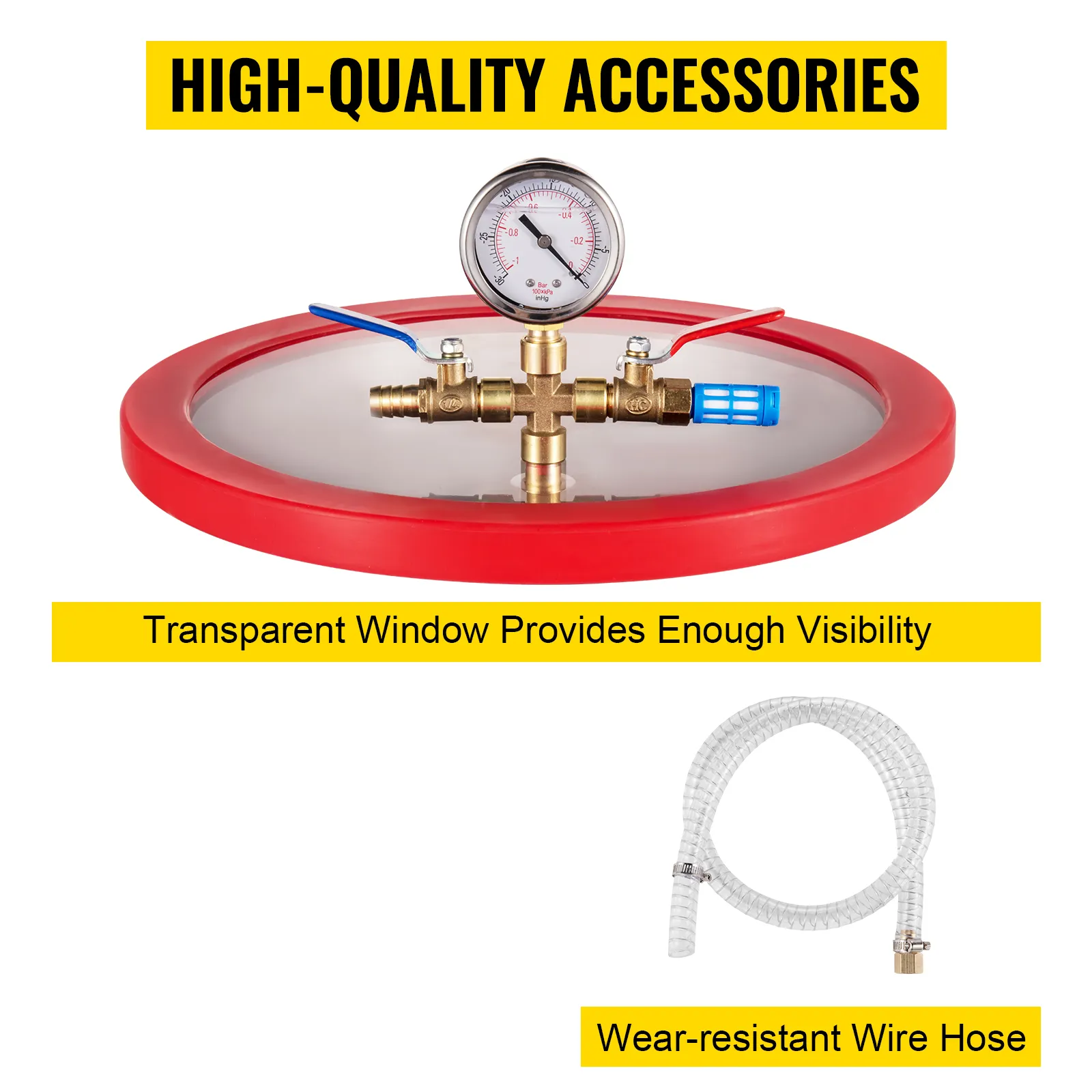 VEVOR vacuum chamber kit with gauge, transparent window, and wear-resistant wire hose.