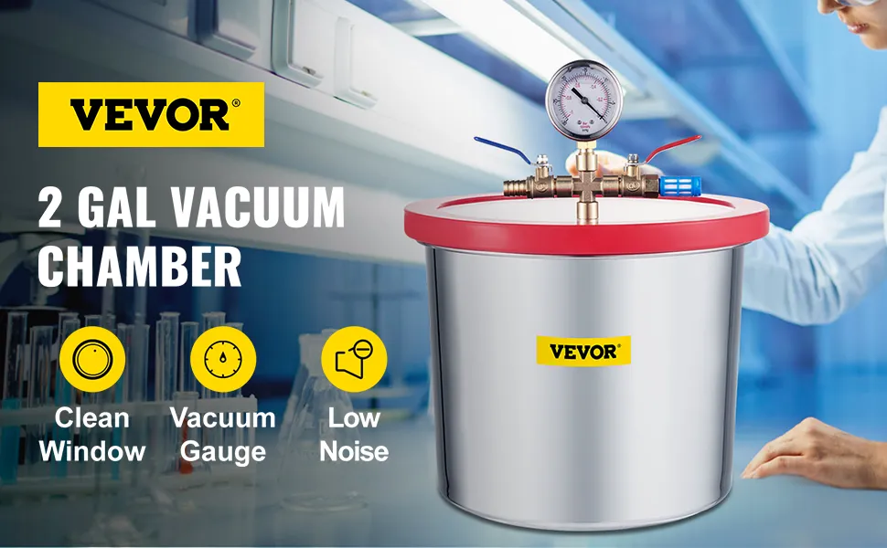 Kit de cámara de vacío VEVOR con medidor de vacío y ventana limpia en un entorno de laboratorio.
