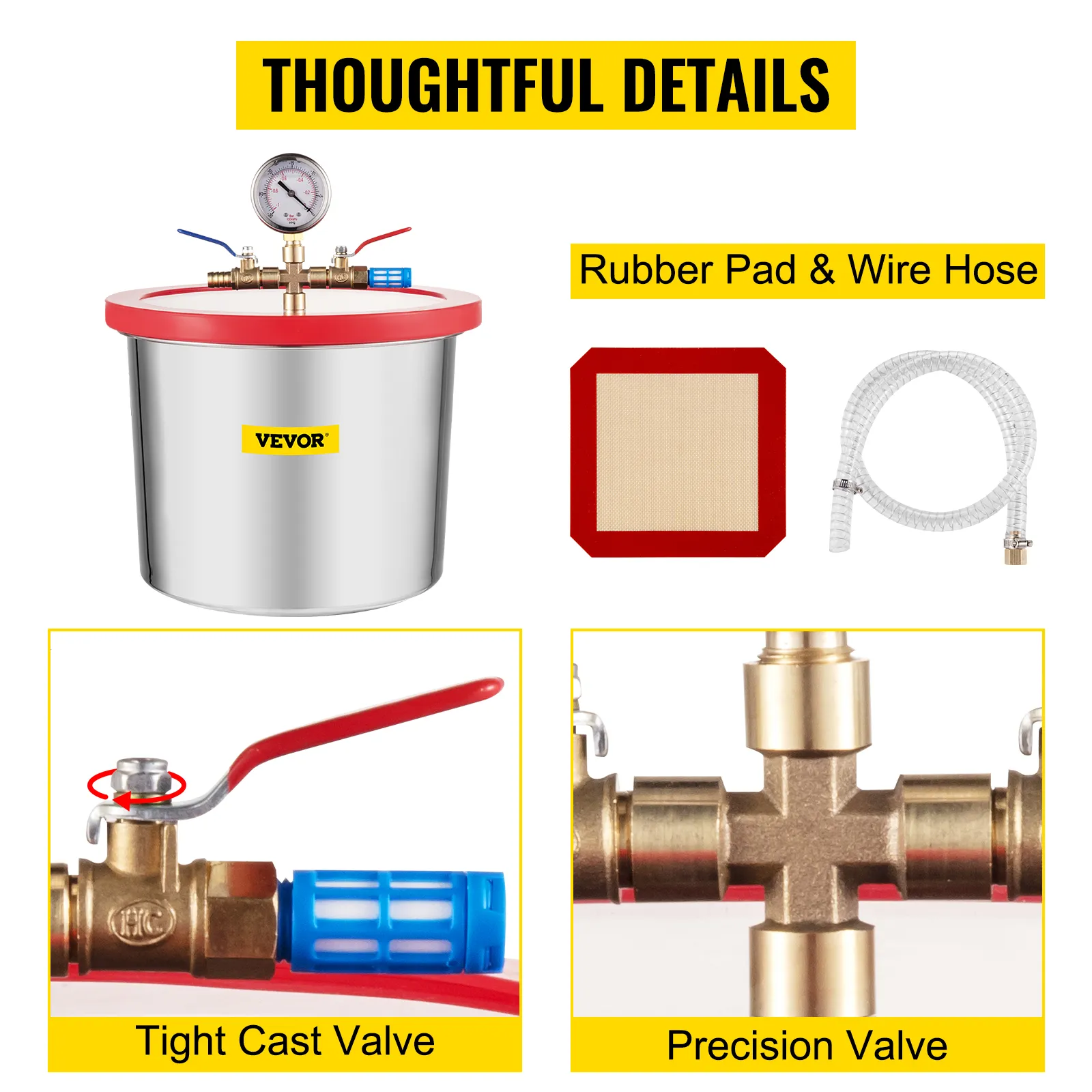 Kit de cámara de vacío VEVOR con manómetro, válvula de fundición hermética, almohadilla de goma y manguera de alambre.