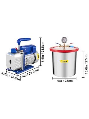 Kit HVAC con bomba de vacío VEVOR con dimensiones y calibre, ideal para trabajos precisos de HVAC.