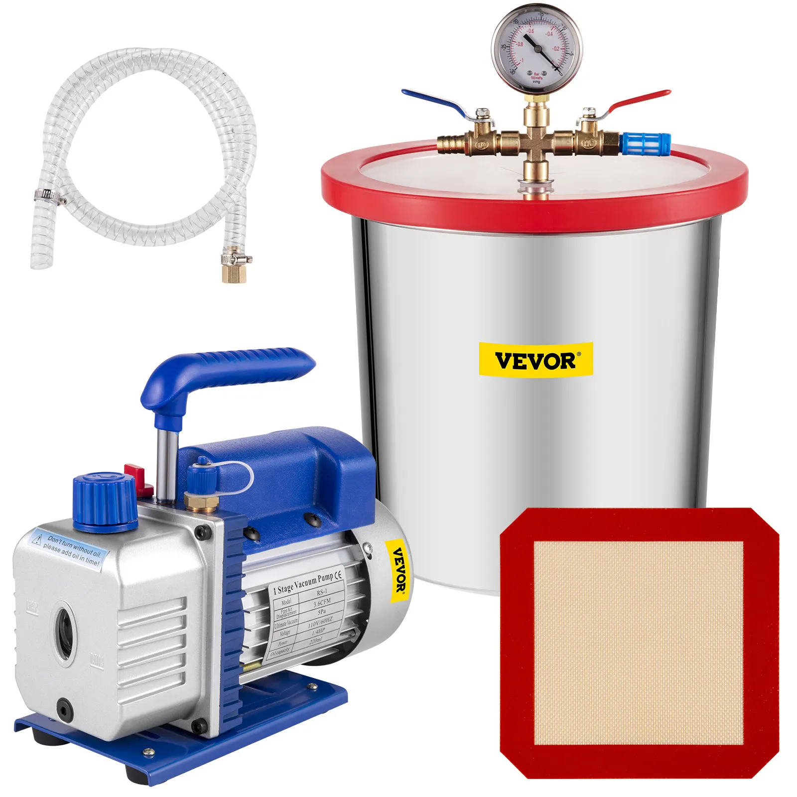 Kit HVAC con bomba de vacío VEVOR con componentes de manguera, manómetro y filtro.