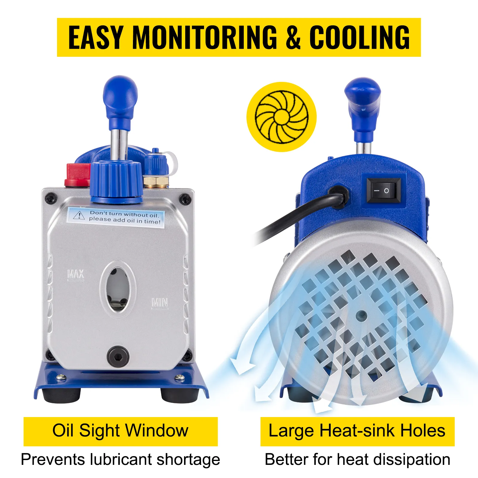 Kit HVAC con bomba de vacío VEVOR con ventana de visualización de aceite y grandes orificios para disipadores de calor.
