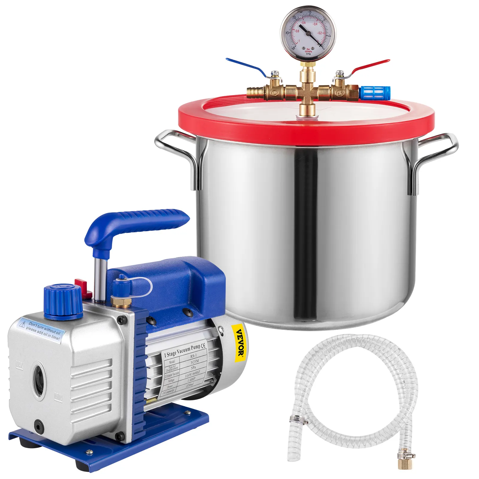 Kit camera di degasaggio sotto vuoto VEVOR con camera in acciaio inossidabile, pompa e set di tubi flessibili.