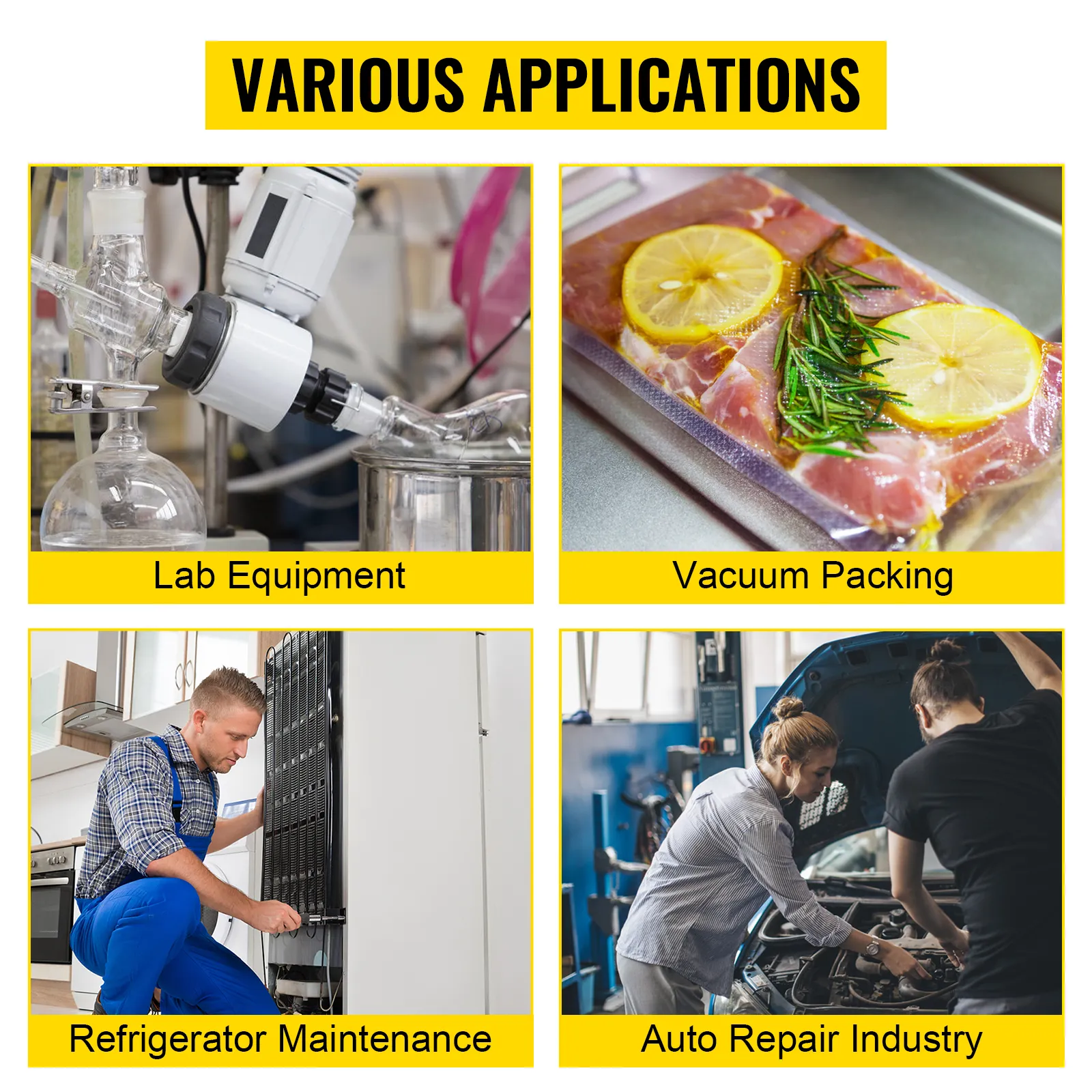 Varie applicazioni del kit camera di degasaggio sotto vuoto VEVOR: apparecchiature di laboratorio, confezionamento sotto vuoto, manutenzione frigoriferi, settore delle riparazioni auto.