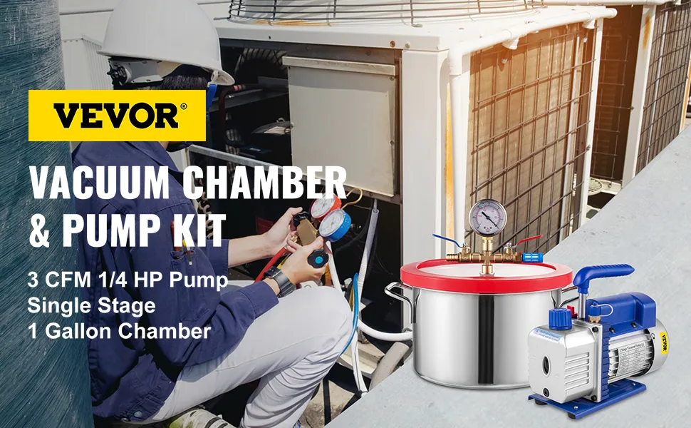 Kit de bomba y cámara de vacío VEVOR, bomba de 3 cfm y 1/4 hp, etapa única, cámara de 1 galón