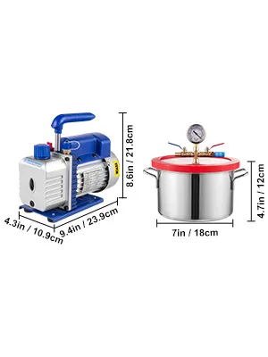 Cámara desgasificadora al vacío VEVOR, bomba azul, cámara de acero inoxidable, dimensiones mostradas.