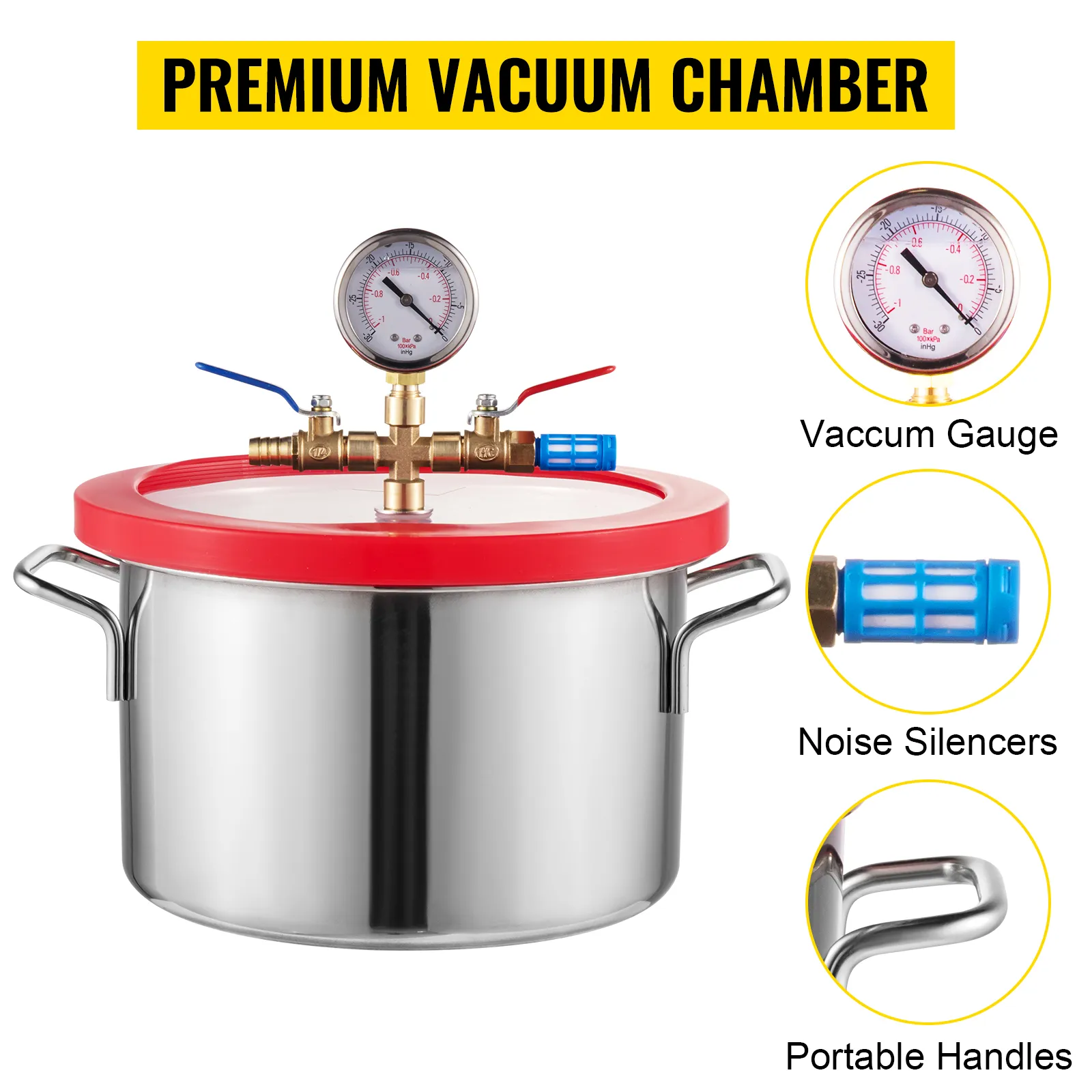 Cámara desgasificadora al vacío VEVOR con manómetro, silenciador y asas portátiles.