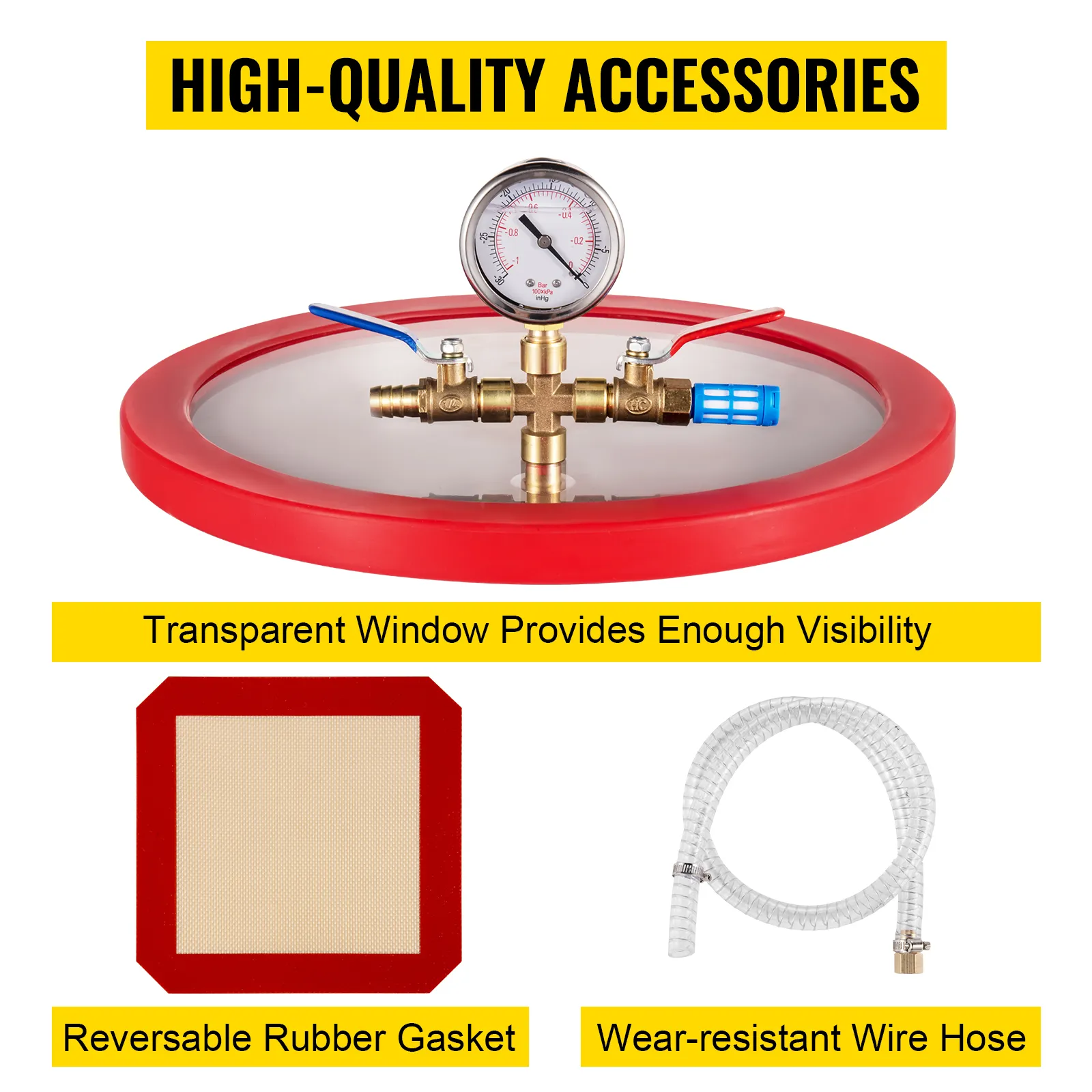 Cámara desgasificadora al vacío VEVOR con ventana transparente, junta y manguera de alambre.