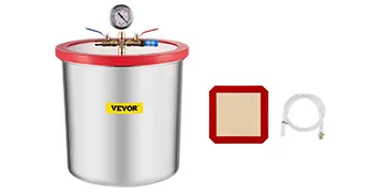 VEVOR vacuum chamber with gauge, silicone gasket, and vacuum hose.