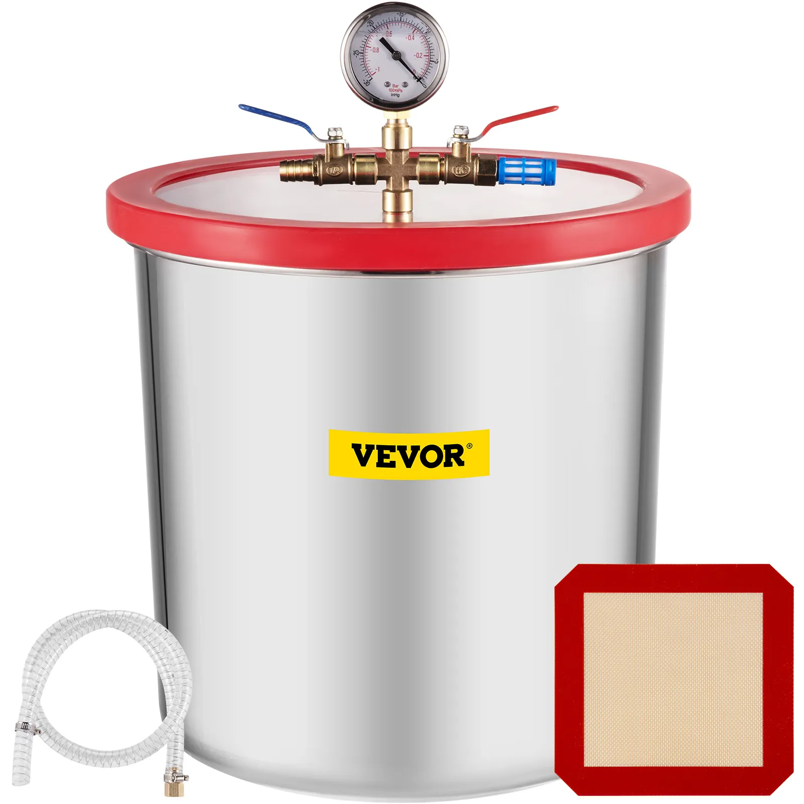 VEVOR vacuum chamber with gauge, hose, and red silicone mat.