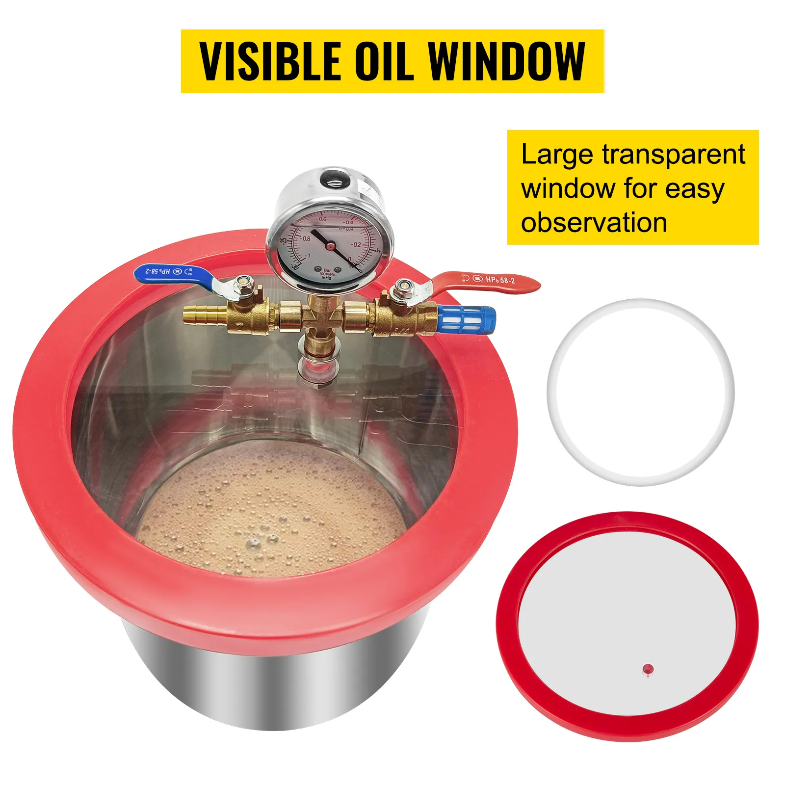 VEVOR vacuum chamber with visible oil window and pressure gauge for easy observation.