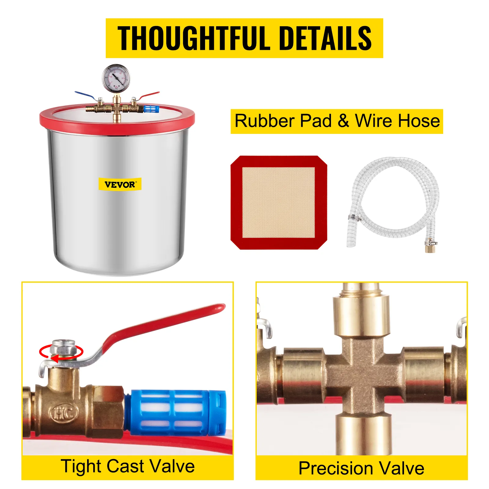 VEVOR vacuum chamber with precision valve, rubber pad, wire hose, and tight cast valve.