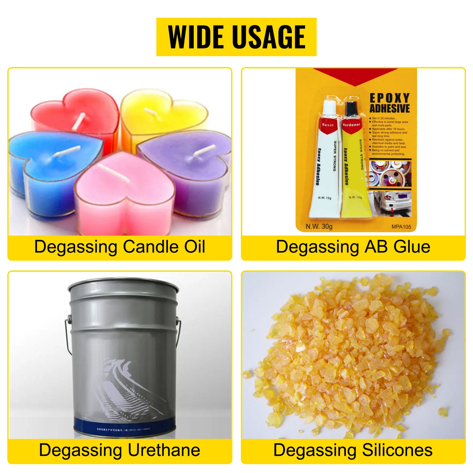 wide usage of VEVOR vacuum chamber for candle oil, ab glue, urethane, silicones degassing.