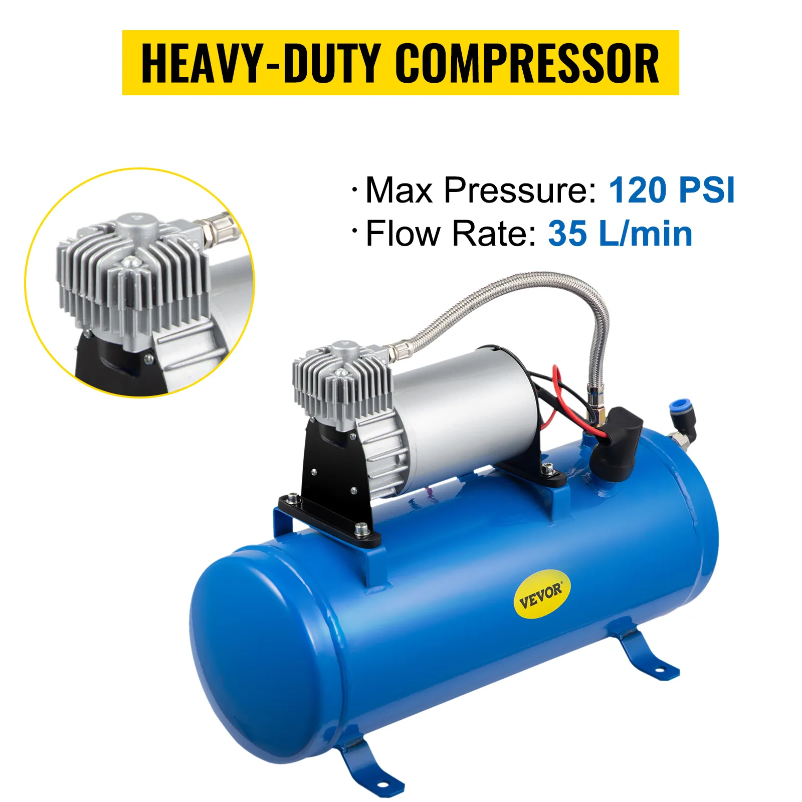 VEVOR 12-V-Zughupen-Luftkompressor, 120 psi, 35 l/min, robuster blauer Tank.