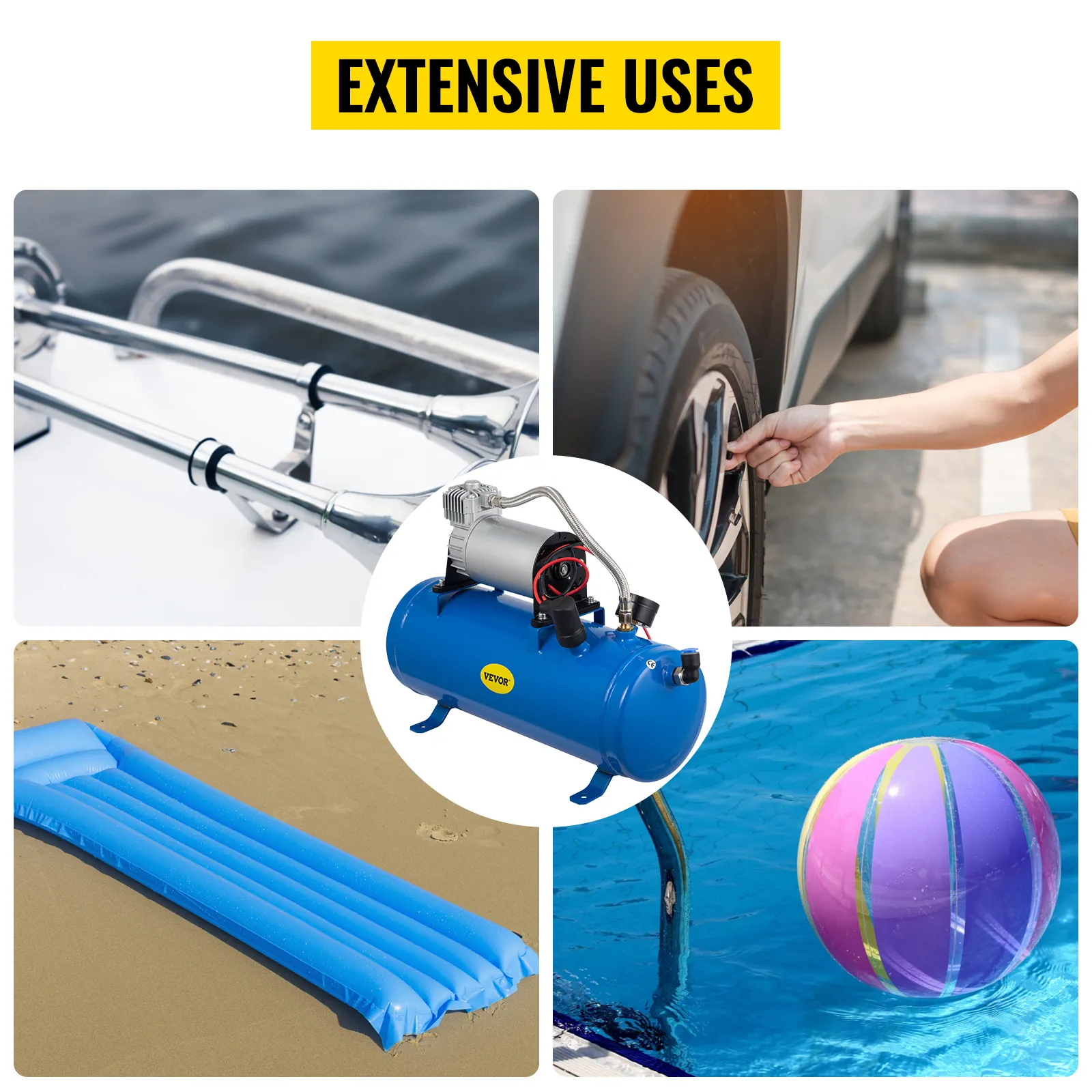VEVOR 12-V-Zughupen-Luftkompressor mit Anwendungen für Reifen, Wasserspielzeug und Strandmatten.