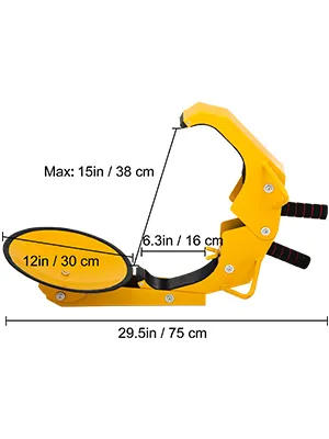 Dimensiones de la abrazadera de bloqueo de rueda VEVOR: 29,5 pulgadas/75 cm, máximo 15 pulgadas/38 cm y 6,3 pulgadas/16 cm de ancho.