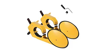 Abrazadera de bloqueo de rueda VEVOR doble amarilla con empuñaduras negras y herramienta de instalación incluida.