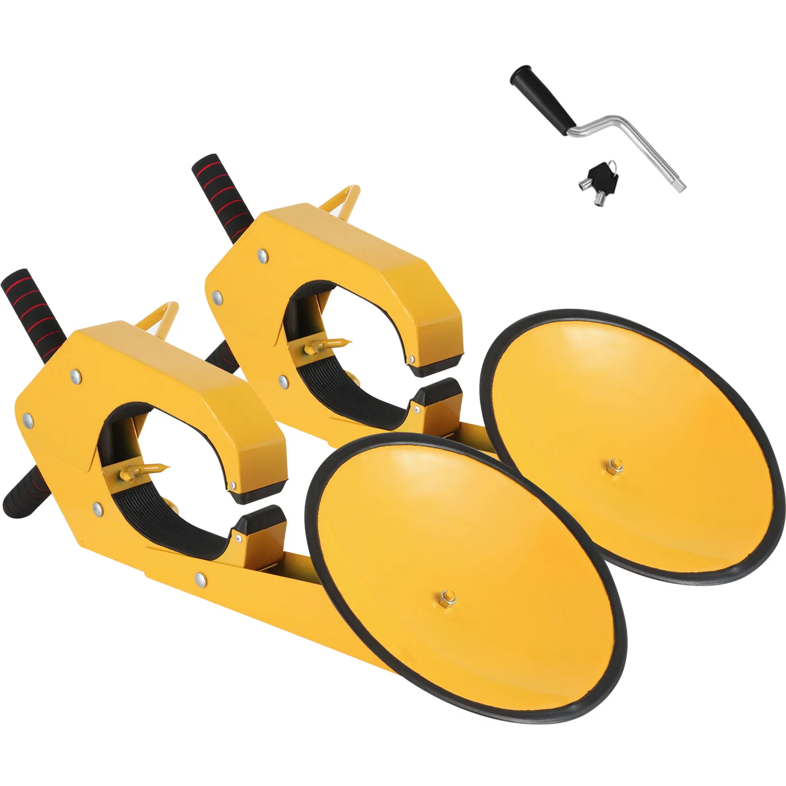 Abrazadera de bloqueo de rueda VEVOR, par amarillo con empuñaduras acolchadas negras y llave incluida.