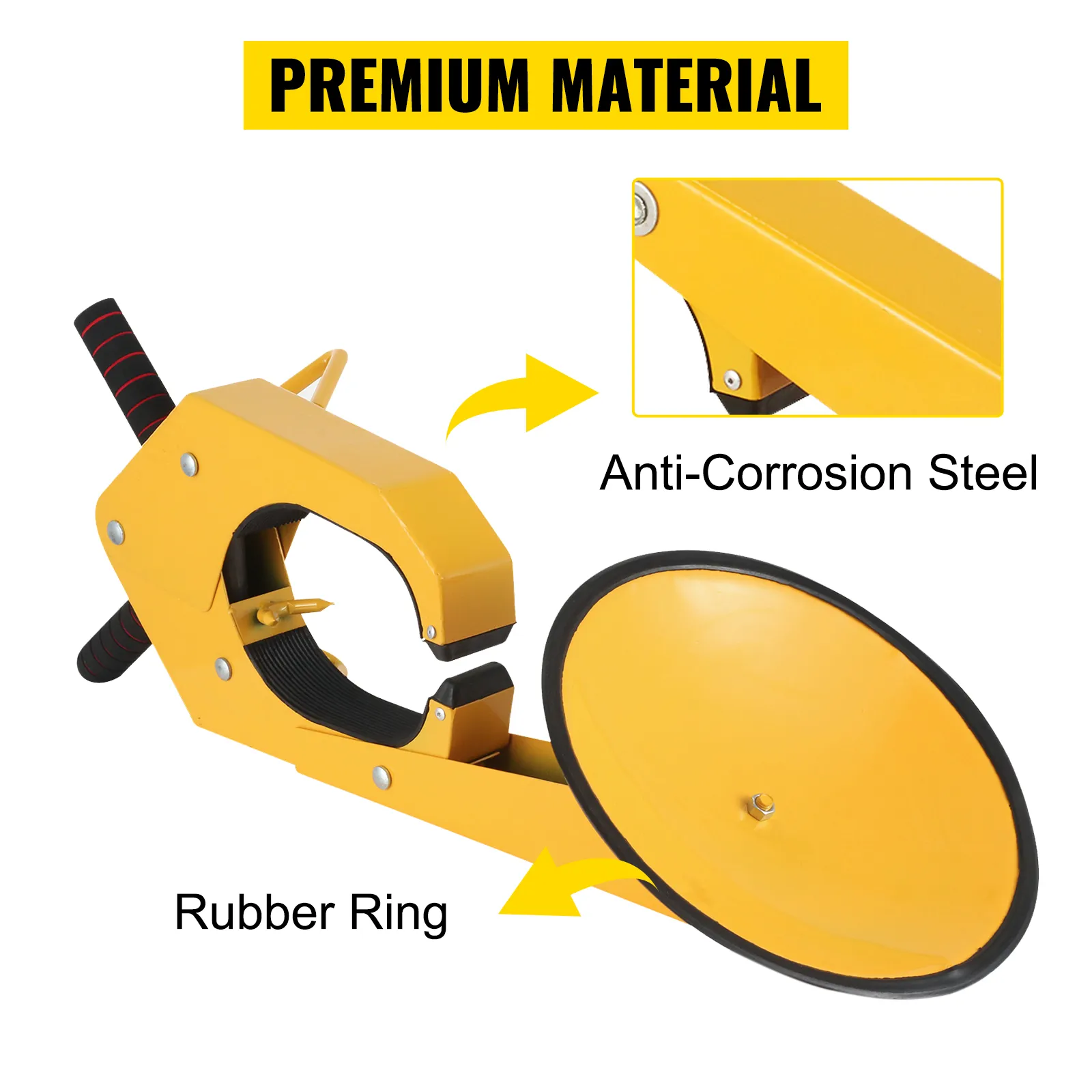 Abrazadera de bloqueo de rueda VEVOR con acero anticorrosión y anillo de goma. Material de primera calidad.
