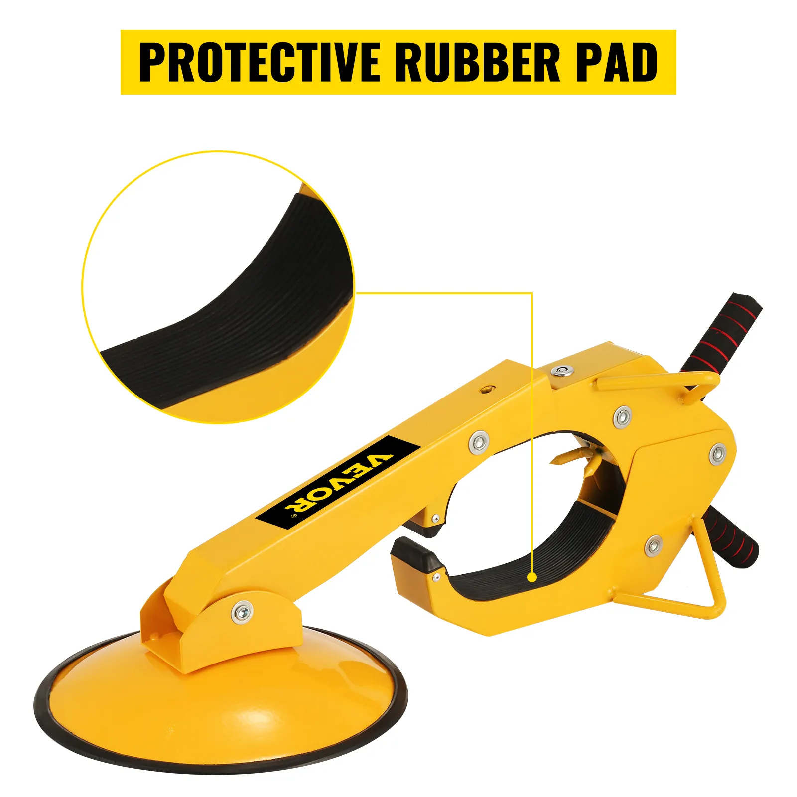 Abrazadera de bloqueo de rueda VEVOR con almohadilla de goma protectora en vista de primer plano.