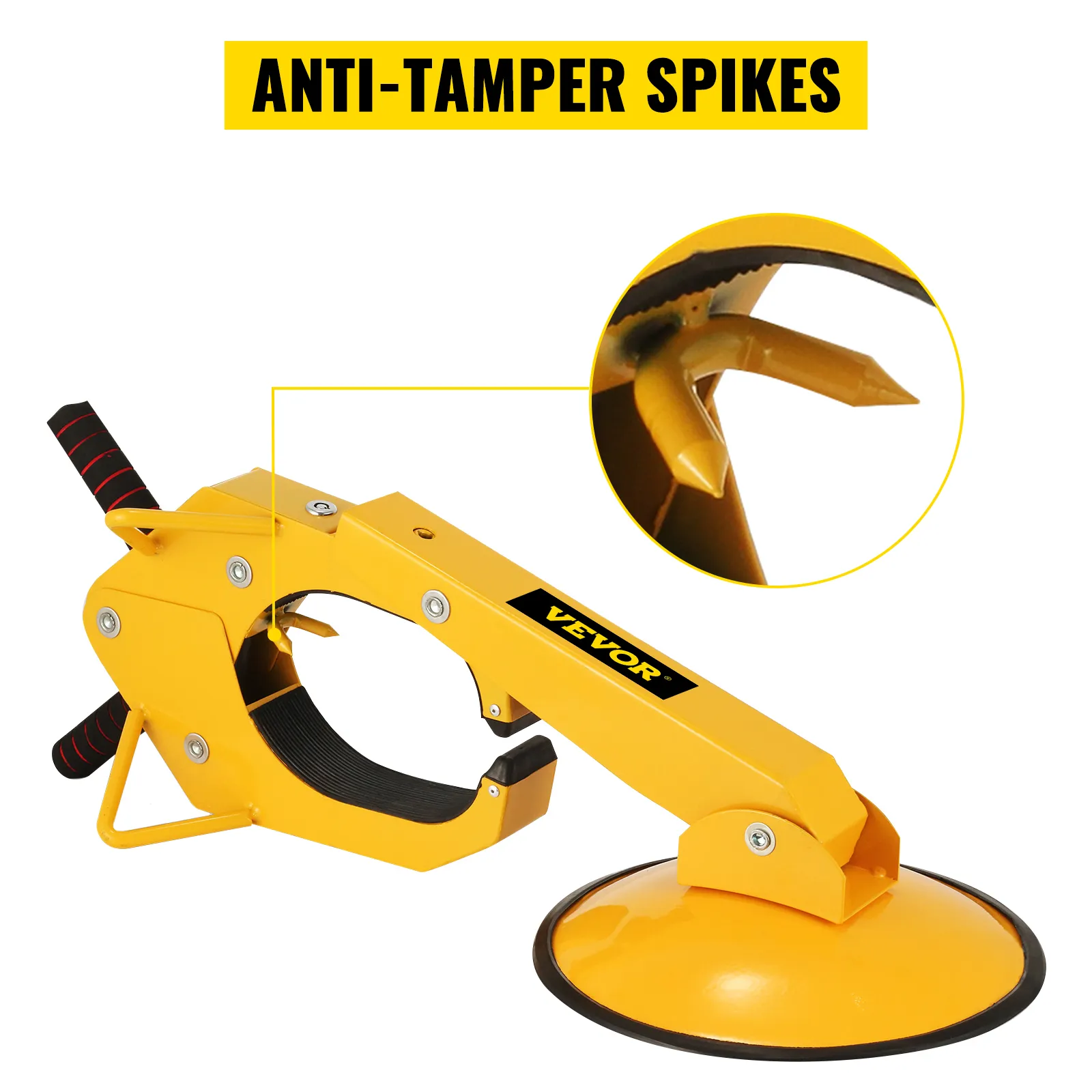 Abrazadera de bloqueo de rueda VEVOR amarilla con púas antimanipulación y manillar de goma.