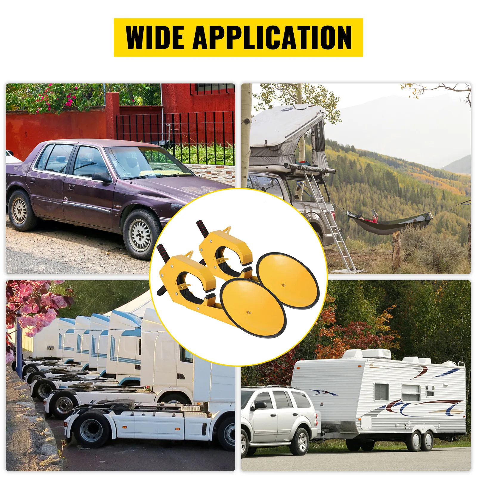 Abrazadera de bloqueo de ruedas VEVOR para automóviles, vehículos recreativos, camiones y remolques en diversos entornos.