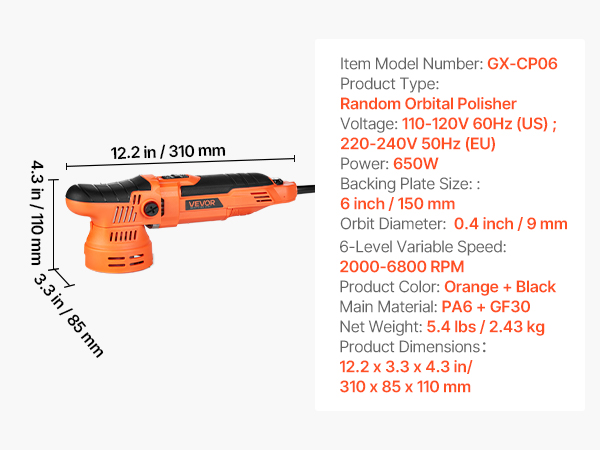 VEVOR Car Buffer Dual Action Polisher – 6 Inch, 650W