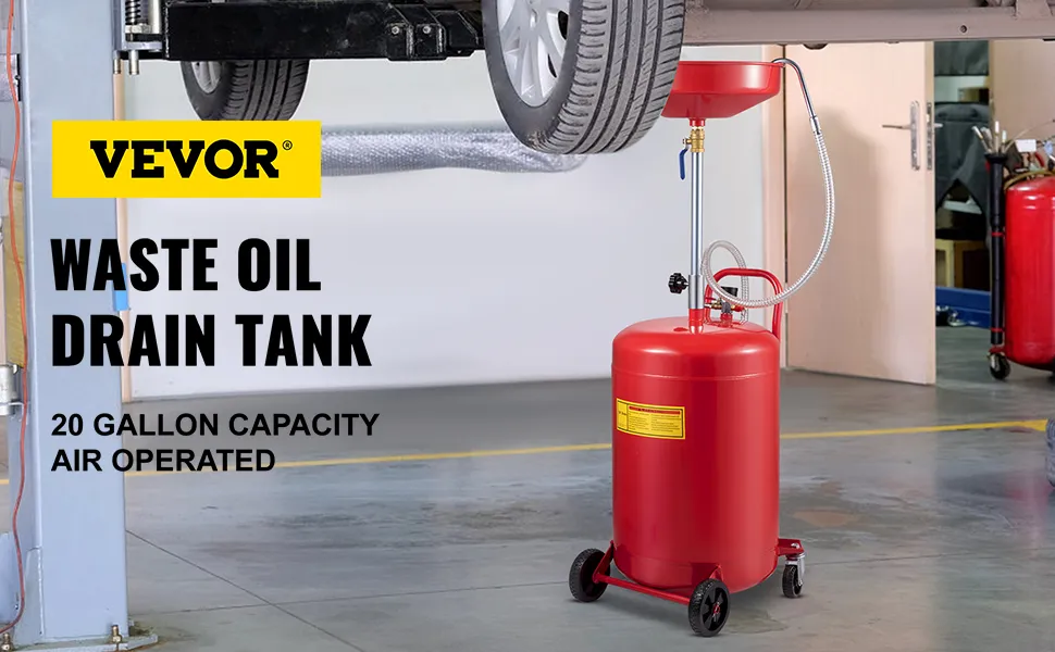 Serbatoio di scarico dell'olio esausto VEVOR in officina vicino a un ponte sollevatore per auto, capacità 20 galloni, azionato ad aria compressa.