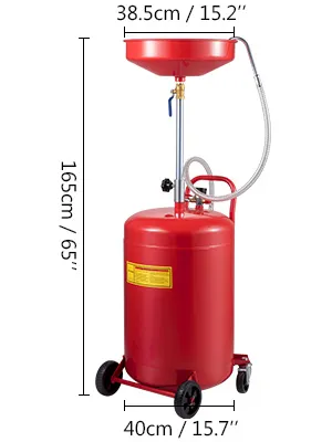 Contenitore rosso per lo smaltimento dell'olio esausto VEVOR con dimensioni e ruote per la mobilità.