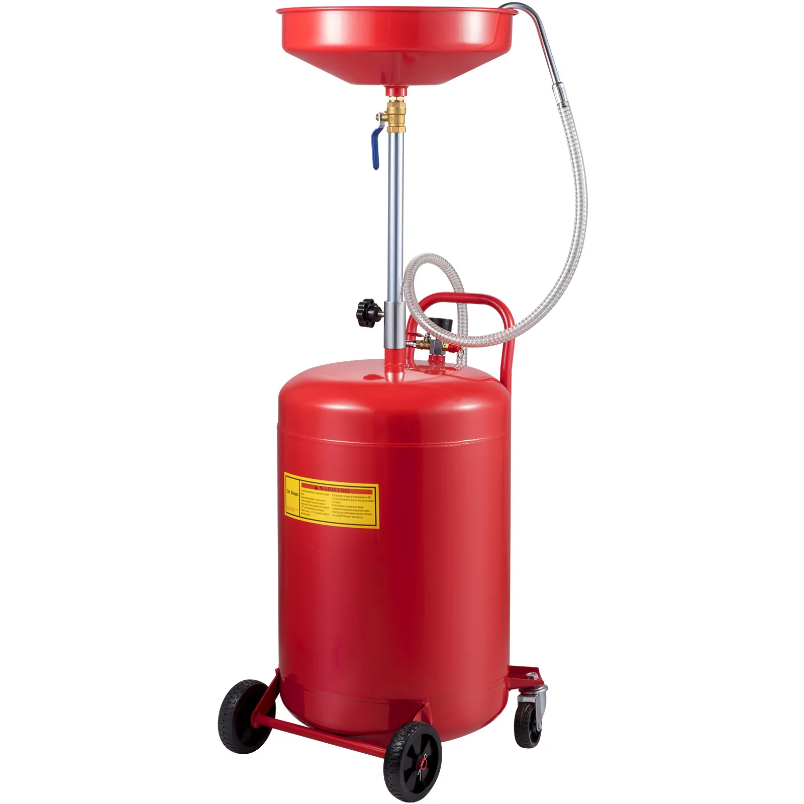 Contenitore rosso per lo smaltimento dell'olio esausto VEVOR con ruote e imbuto regolabile.