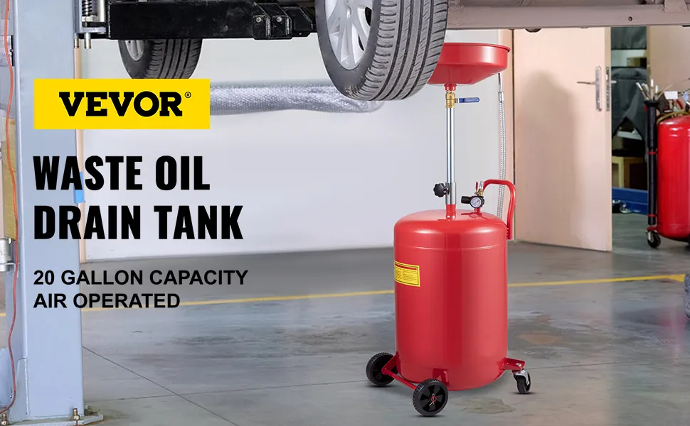 Serbatoio di scarico dell'olio esausto VEVOR nel garage, capacità 20 galloni, azionato ad aria compressa.