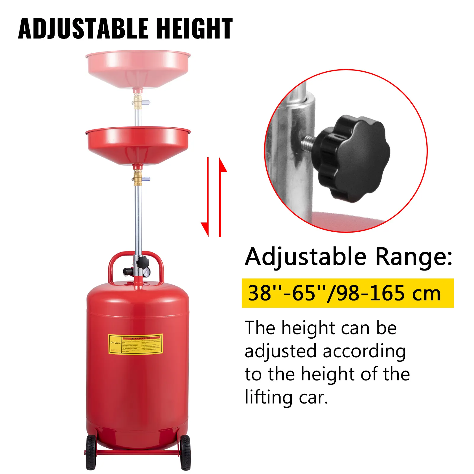 Serbatoio di recupero dell'olio esausto VEVOR, altezza regolabile da 98 a 165 cm (38''-65''), colore rosso.